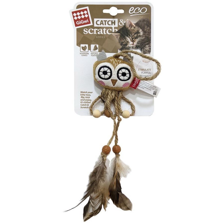 Gigwi Owl with Slivervine Leaves and Natural Feather