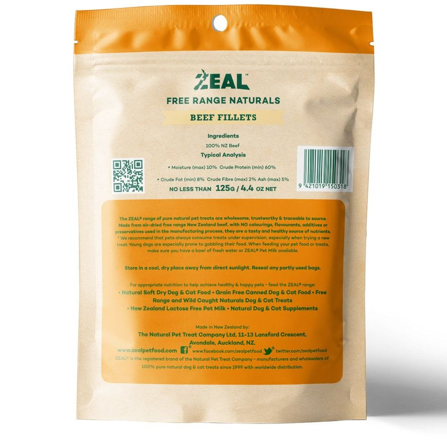 Zeal Beef Fillets Dog Treats 125g pouch