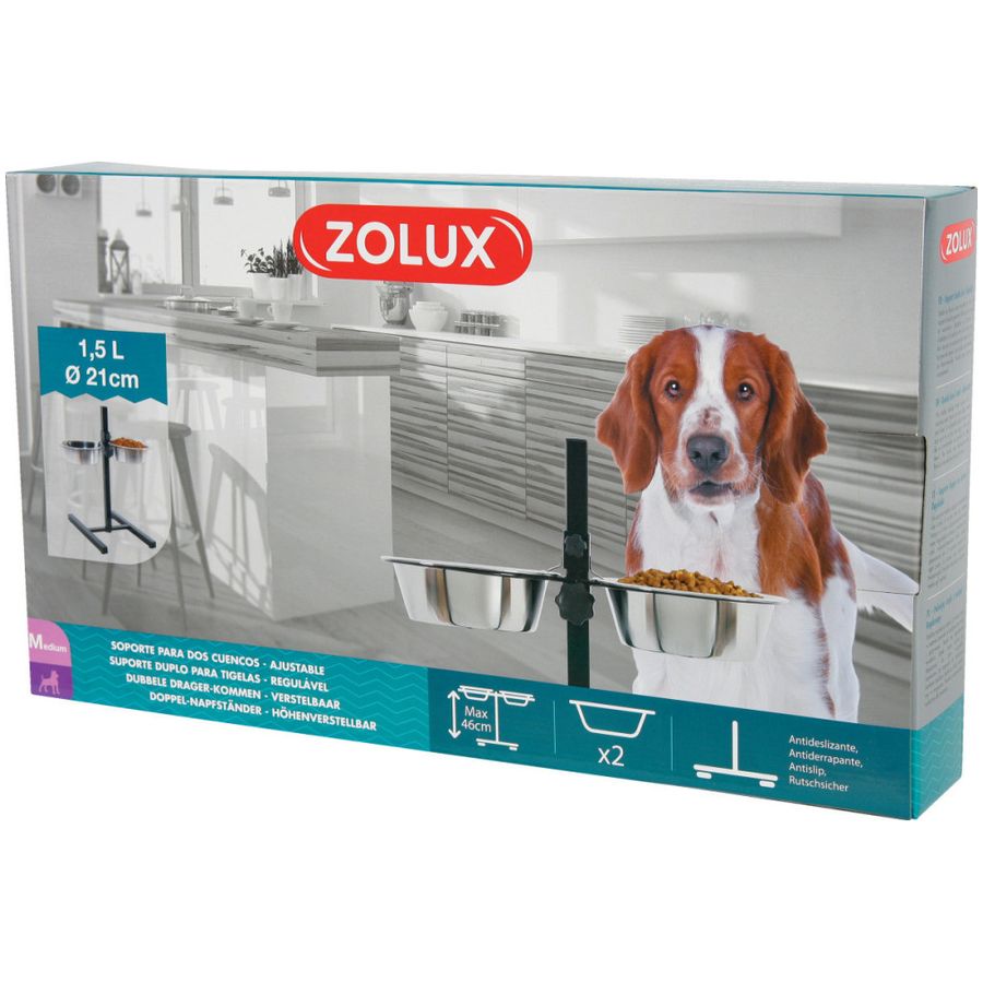 Zolux Adjustable Stand with Stainless Steel Bowls - 2 x 1.5L