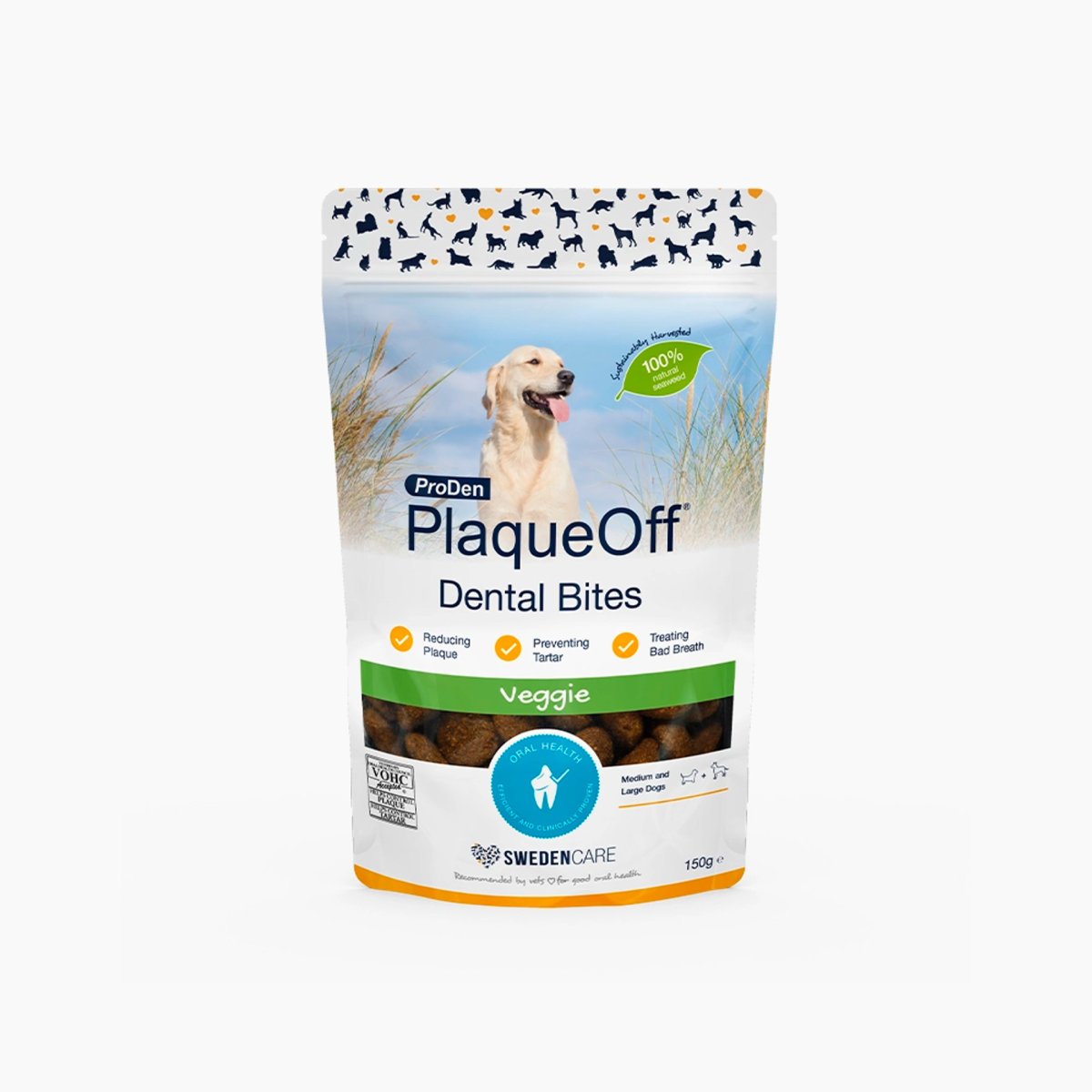 PlaqueOff Dental Bites Medium & Large Dogs Veggie 150g per pouch