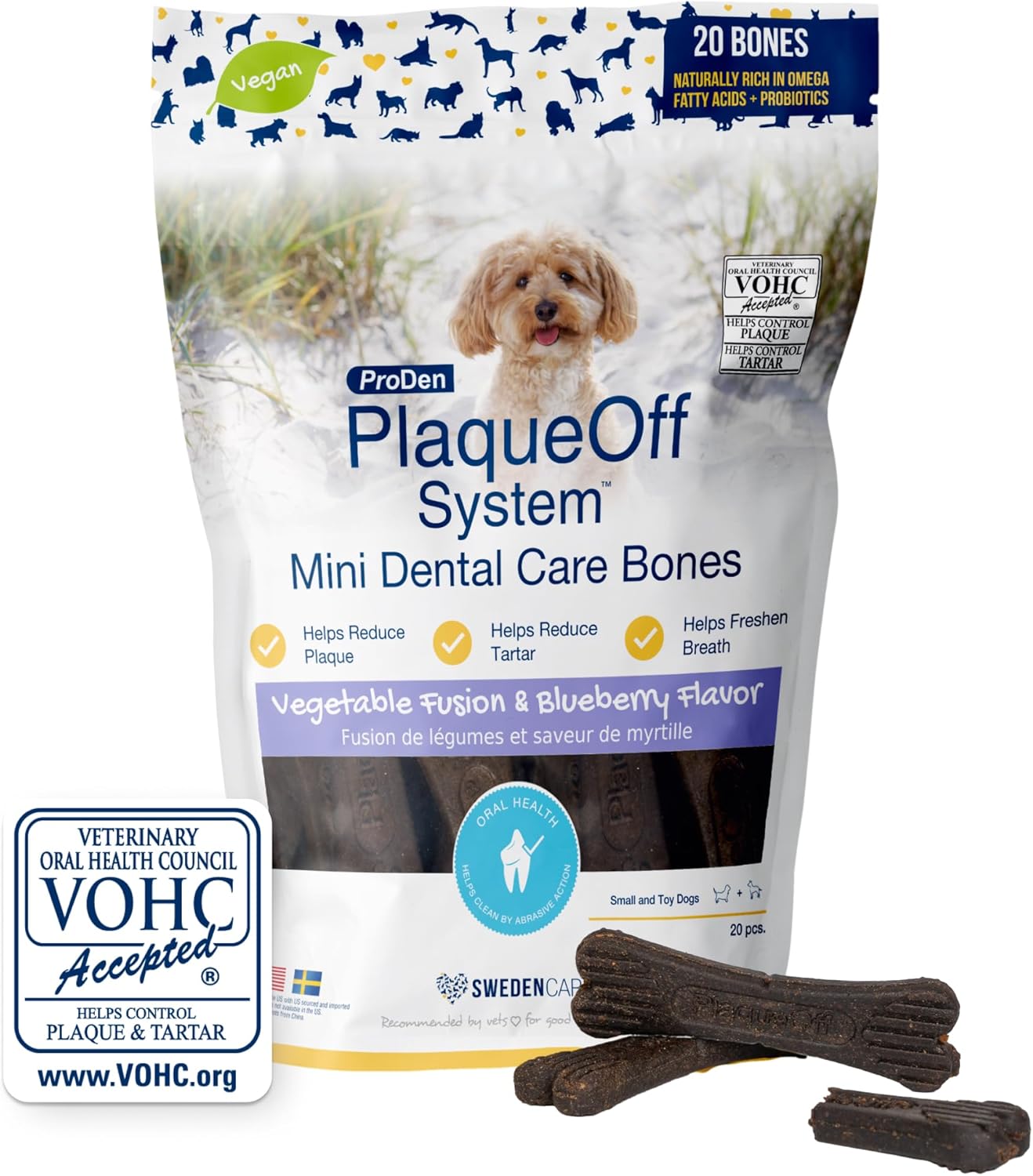 PlaqueOff Dental Care Mini Bones - Vegetable Fusion & Blueberry 340g per pouch